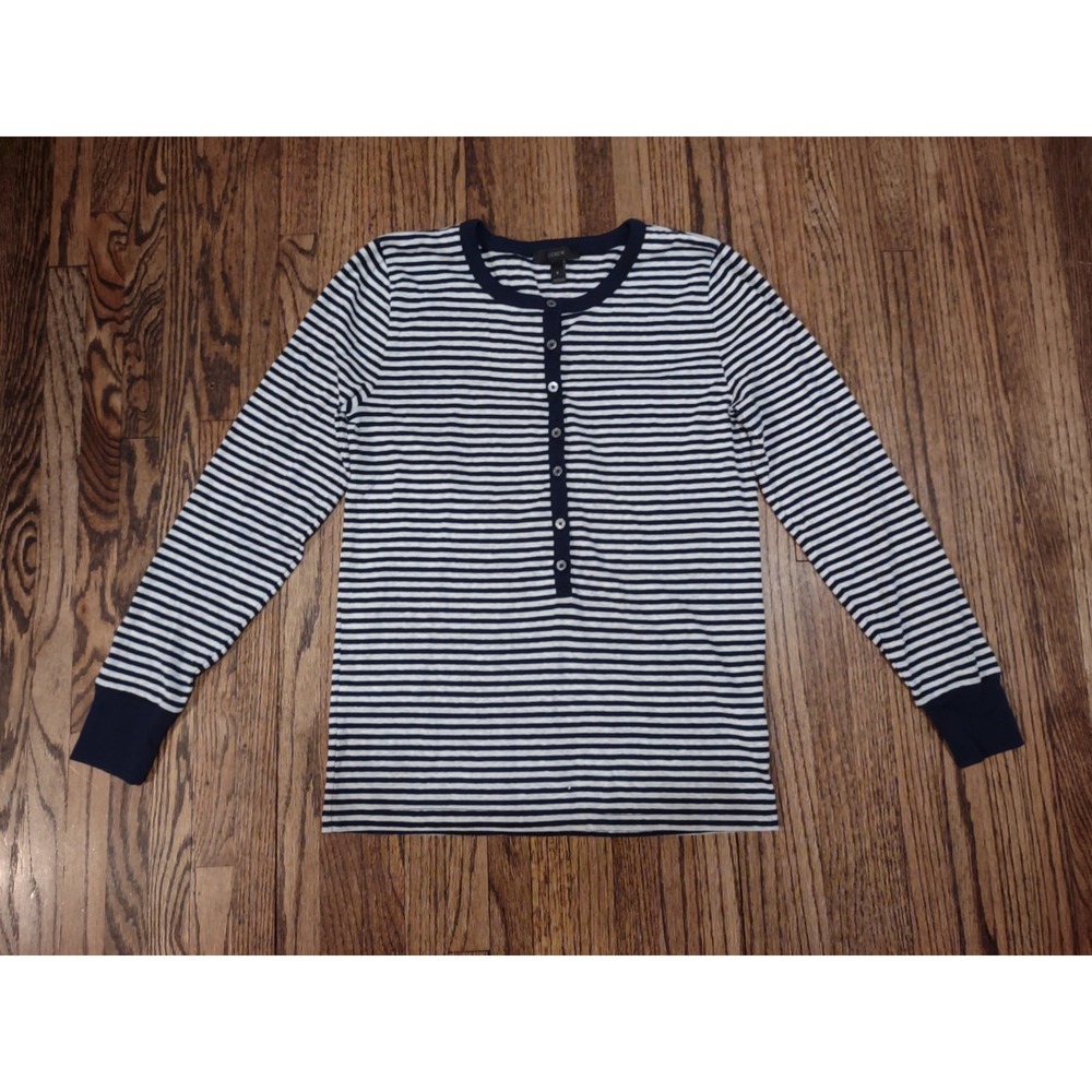 J.Crew Women's Striped Henley Shirt Small Blue White Long Sleeve Button Front...